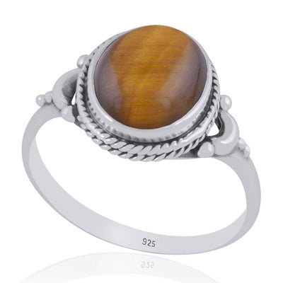Alluring Crescent Moon Around Tiger's Eye Oval Shape 925 Sterling Solid Silver Ring - R3403538-11