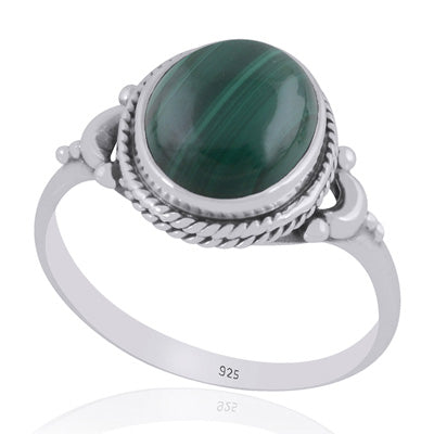 Alluring Crescent Moon Around Malachite Oval Shape 925 Sterling Solid Silver Ring - R3403538-12