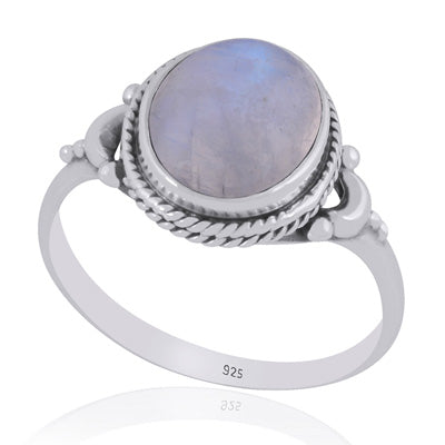 Alluring Crescent Moon Around Rainbow Moonstone Oval Shape 925 Sterling Solid Silver Ring - R3403538-4