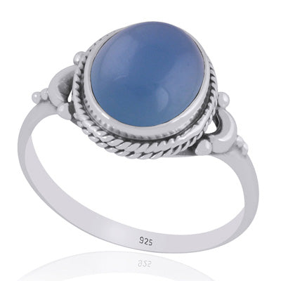 Alluring Crescent Moon Around Blue Chalcedony Oval Shape 925 Sterling Solid Silver Ring - R3403538-9