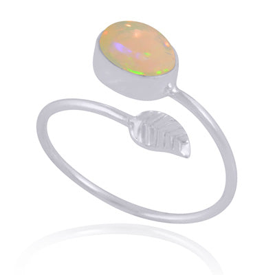 Gorgeous Textured Leaf With Ethiopian Opal Oval Shape 925 Sterling Solid Silver Ring - R3403540-1