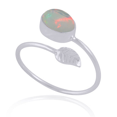 Gorgeous Textured Leaf With Ethiopian Opal Oval Shape 925 Sterling Solid Silver Ring - R3403540-2
