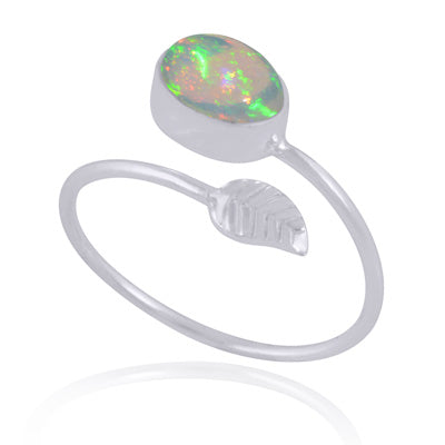 Gorgeous Textured Leaf With Ethiopian Opal Oval Shape 925 Sterling Solid Silver Ring - R3403540-3