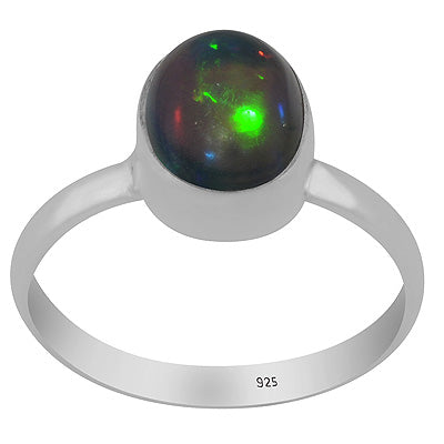Plain Collet Natural Ethiopian Black Opal Oval Shape 925 Sterling Solid Silver Ring - R3403547-10