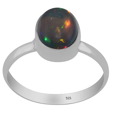 Plain Collet Natural Ethiopian Black Opal Oval Shape 925 Sterling Solid Silver Ring - R3403547-9