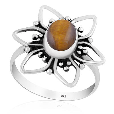 Alluring Flower W/ Rawa Work Around Tiger's Eye Oval Shape 925 Sterling Solid Silver Ring - R3403560-11