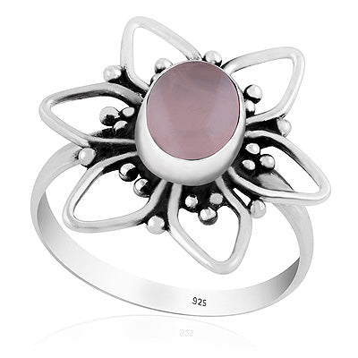 Alluring Flower W/ Rawa Work Around Rose Quartz Oval Shape 925 Sterling Solid Silver Ring - R3403560-13