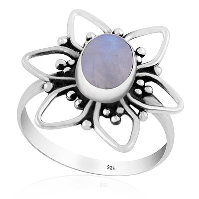 Alluring Flower W/ Rawa Work Around Rainbow Moonstone Oval Shape 925 Sterling Solid Silver Ring - R3403560-4