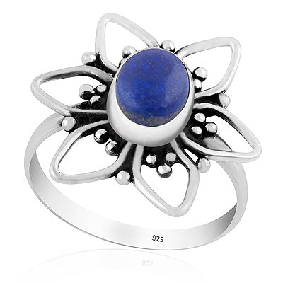 Alluring Flower W/ Rawa Work Around Lapis Oval Shape 925 Sterling Solid Silver Ring - R3403560-6