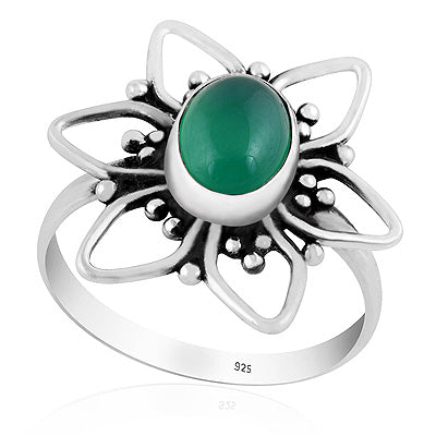 Alluring Flower W/ Rawa Work Around Green Onyx Oval Shape 925 Sterling Solid Silver Ring - R3403560-8