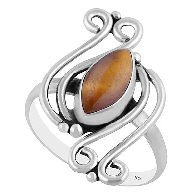 Alluring Wire & Rawa Pattern Work Around Tiger's Eye Marquise Shape 925 Sterling Solid Silver Ring - R3403561-11
