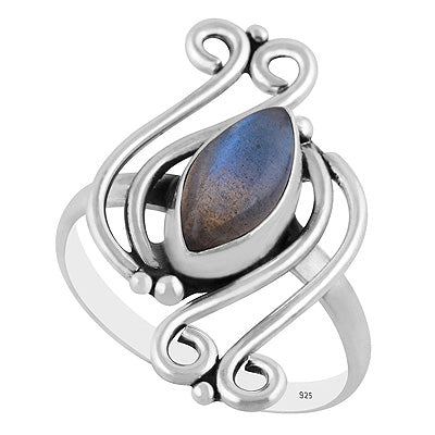 Alluring Wire & Rawa Pattern Work Around Labradorite Marquise Shape 925 Sterling Solid Silver Ring - R3403561-5
