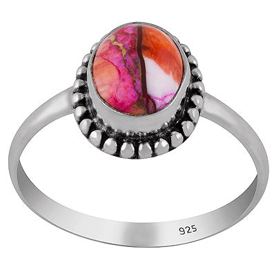 Classic Rawa Work Around Pink Dahlia Copper Turquoise Oval Shape 925 Sterling Solid Silver Ring - R3403562-1
