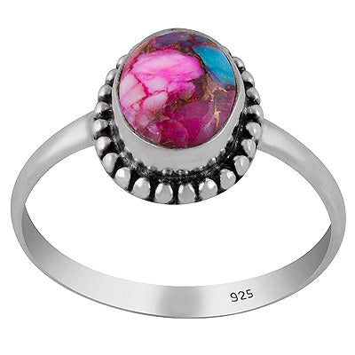 Classic Rawa Work Around Pink Dahlia Copper Turquoise Oval Shape 925 Sterling Solid Silver Ring - R3403562-2