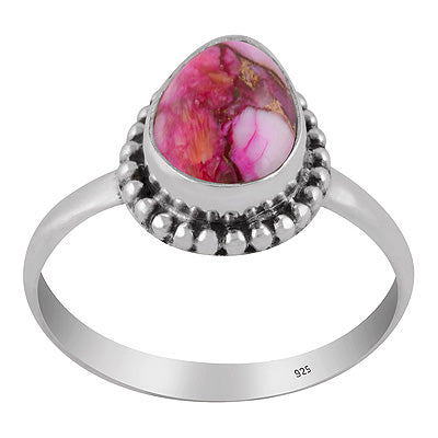 Classic Rawa Work Around Pink Dahlia Copper Turquoise Pear Shape 925 Sterling Solid Silver Ring - R3403562-3