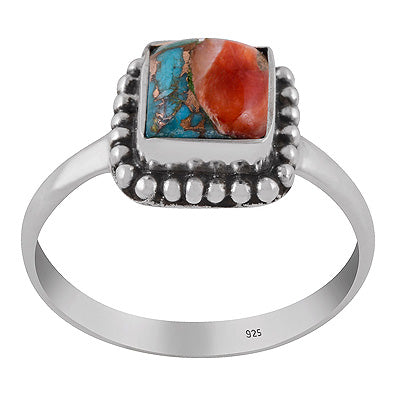 Classic Rawa Work Around Pink Dahlia Copper Turquoise Square Shape 925 Sterling Solid Silver Ring - R3403562-6