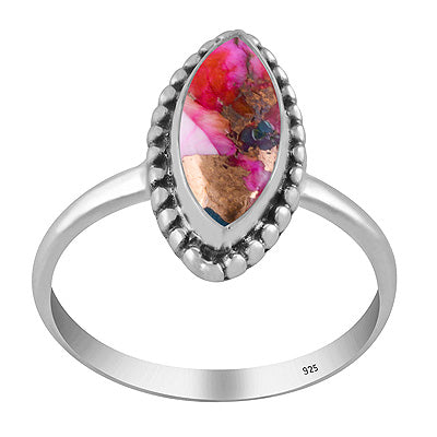 Classic Rawa Work Around Pink Dahlia Copper Turquoise Marquise Shape 925 Sterling Solid Silver Ring - R3403562-7