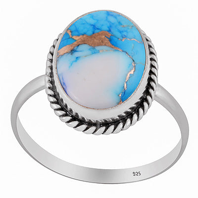 Authentic Wire Work Around Peacock Dahlia Copper Turquoise Oval Shape 925 Sterling Solid Silver Ring - R3403566-28