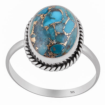 Authentic Wire Work Around Blue Copper Turquoise Oval Shape 925 Sterling Solid Silver Ring - R3403566-35