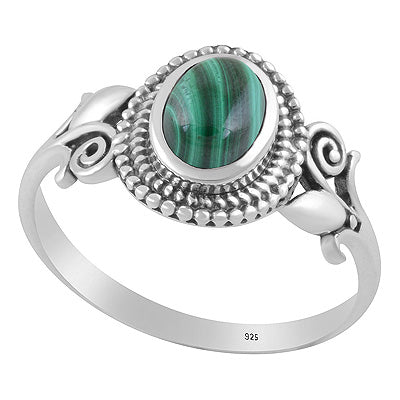 Gorgeous Flower Shank w/ Rawa Pattern Around Malachite Oval Shape 925 Sterling Solid Silver Ring - R3403577-12