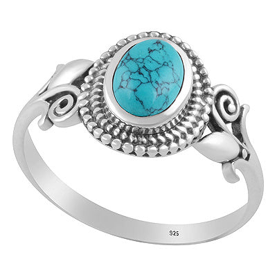 Gorgeous Flower Shank w/ Rawa Pattern Around Turquoise Oval Shape 925 Sterling Solid Silver Ring - R3403577-3