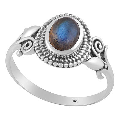 Gorgeous Flower Shank w/ Rawa Pattern Around Labradorite Oval Shape 925 Sterling Solid Silver Ring - R3403577-5