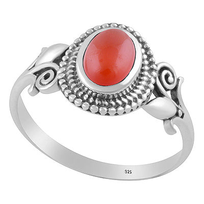 Gorgeous Flower Shank w/ Rawa Pattern Around Carnelian Oval Shape 925 Sterling Solid Silver Ring - R3403577-7