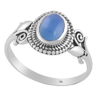 Gorgeous Flower Shank w/ Rawa Pattern Around Blue Chalcedony Oval Shape 925 Sterling Solid Silver Ring - R3403577-9