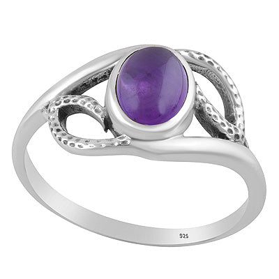 Stunning Hammer Textured Pattern Around Amethyst Oval Shape 925 Sterling Solid Silver Ring - R3403579-1