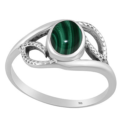 Stunning Hammer Textured Pattern Around Malachite Oval Shape 925 Sterling Solid Silver Ring - R3403579-12