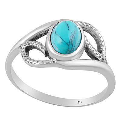 Stunning Hammer Textured Pattern Around Turquoise Oval Shape 925 Sterling Solid Silver Ring - R3403579-3