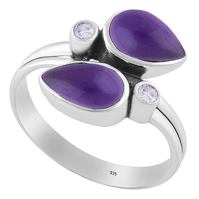 Stunning Multiple Gemstones Amethyst,White Cubic Zirconia Pear,Round Shape 925 Sterling Solid Silver Ring - R3403580-1
