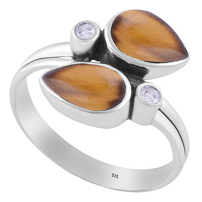 Stunning Multiple Gemstones Tiger's Eye,White Cubic Zirconia Pear,Round Shape 925 Sterling Solid Silver Ring - R3403580-11