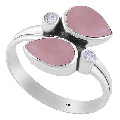 Stunning Multiple Gemstones Rose Quartz,White Cubic Zirconia Pear,Round Shape 925 Sterling Solid Silver Ring - R3403580-13