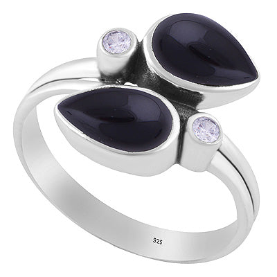 Stunning Multiple Gemstones Black Onyx,White Cubic Zirconia Pear,Round Shape 925 Sterling Solid Silver Ring - R3403580-14