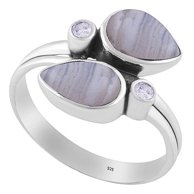 Stunning Multiple Gemstones Blue Lace Agate,White Cubic Zirconia Pear,Round Shape 925 Sterling Solid Silver Ring - R3403580-15