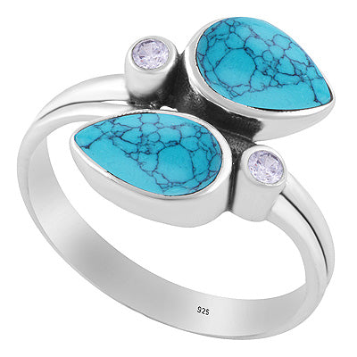 Stunning Multiple Gemstones Turquoise,White Cubic Zirconia Pear,Round Shape 925 Sterling Solid Silver Ring - R3403580-3