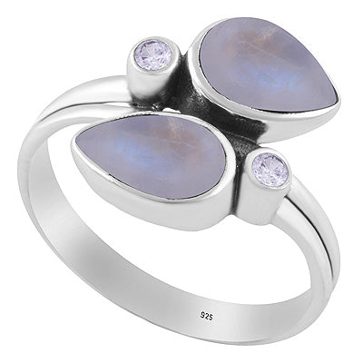 Stunning Multiple Gemstones Rainbow Moonstone,White Cubic Zirconia Pear,Round Shape 925 Sterling Solid Silver Ring - R3403580-4