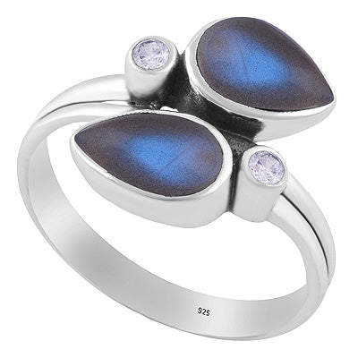 Stunning Multiple Gemstones Labradorite,White Cubic Zirconia Pear,Round Shape 925 Sterling Solid Silver Ring - R3403580-5