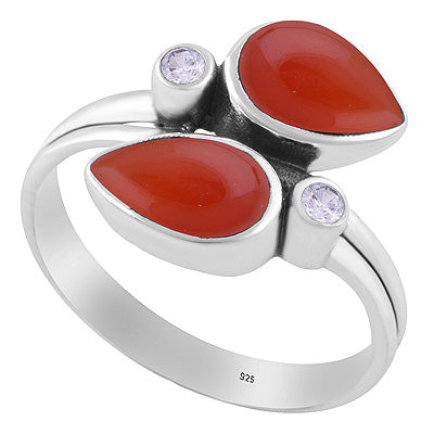 Stunning Multiple Gemstones Carnelian,White Cubic Zirconia Pear,Round Shape 925 Sterling Solid Silver Ring - R3403580-7
