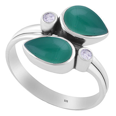 Stunning Multiple Gemstones Green Onyx,White Cubic Zirconia Pear,Round Shape 925 Sterling Solid Silver Ring - R3403580-8