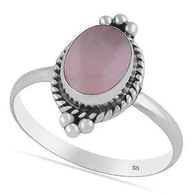 Beautiful Textured Rawa & Wire Work Around Rose Quartz Oval Shape 925 Sterling Solid Silver Ring - R3403591-13
