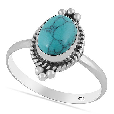 Beautiful Textured Rawa & Wire Work Around Turquoise Oval Shape 925 Sterling Solid Silver Ring - R3403591-3