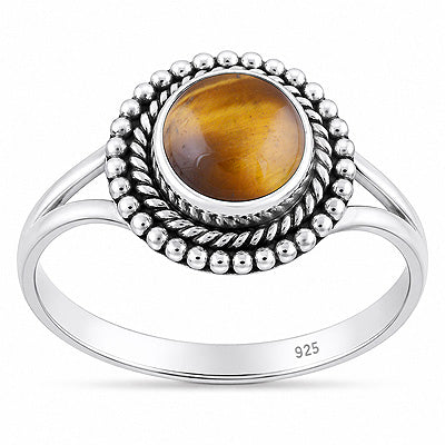 Stunning Twisted Wire & Rawa Work Around Tiger's Eye Round Shape 925 Sterling Solid Silver Ring - R3403595-11