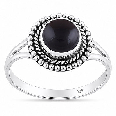 Stunning Twisted Wire & Rawa Work Around Black Onyx Round Shape 925 Sterling Solid Silver Ring - R3403595-14