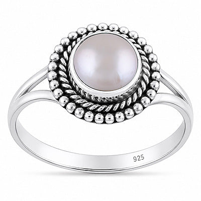 Stunning Twisted Wire & Rawa Work Around Pearl Round Shape 925 Sterling Solid Silver Ring - R3403595-15
