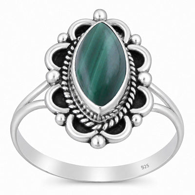 Beautifully Handcrafted Work Around Malachite Marquise Shape 925 Sterling Solid Silver Ring - R3403600-12