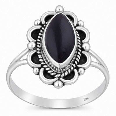 Beautifully Handcrafted Work Around Black Onyx Marquise Shape 925 Sterling Solid Silver Ring - R3403600-14