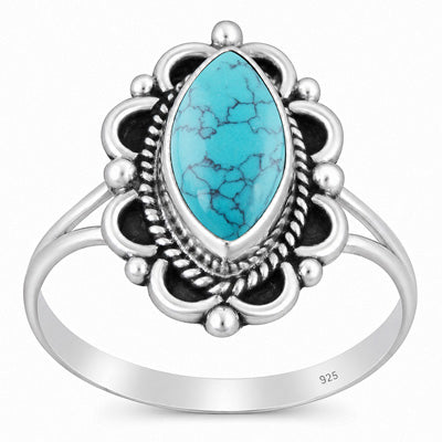 Beautifully Handcrafted Work Around Turquoise Marquise Shape 925 Sterling Solid Silver Ring - R3403600-3