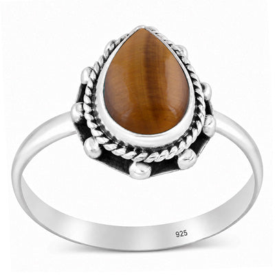 Stunning Twisted Wire & Rawa Work Around Tiger's Eye Pear Shape 925 Sterling Solid Silver Ring - R3403601-11